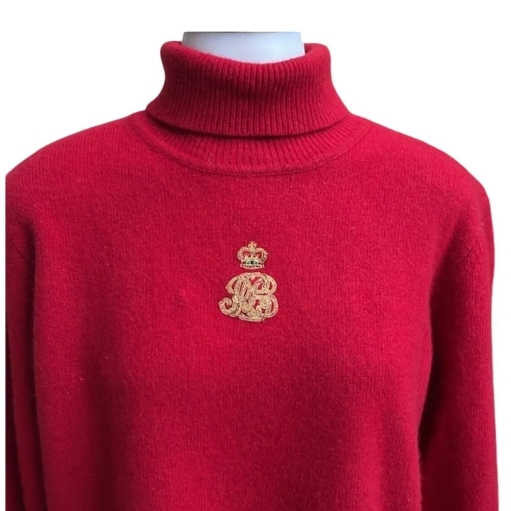 LAUREN Ralph Lauren VTGE Red‎ Cashmere Wool Turtleneck Sweater Crown Logo SZ LGE